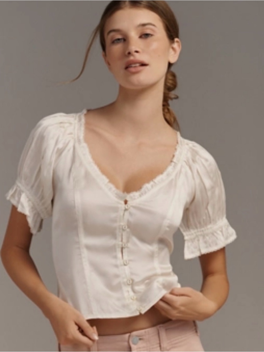 NewbBy Anthropologie Women’s Cream Lace-Trim Puff Sleeve Button Front Top de M